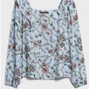 Banana Republic Blouse Top Size XL Baby Blue Ruffled Square Neck Vining Floral